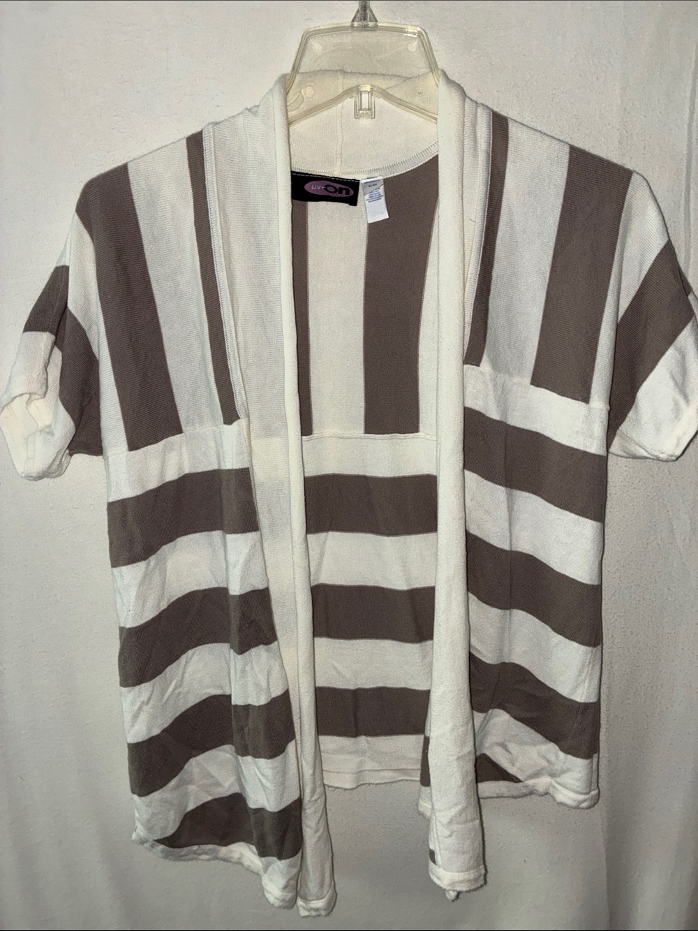 Striped Short-Sleeve Open Cardigan - White & Taupe